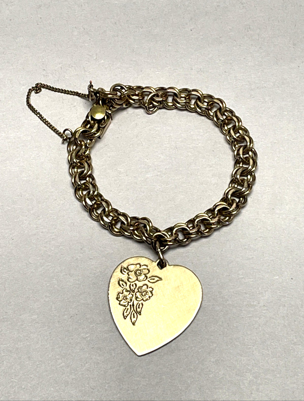 Vintage 1/20 12K Gold Filled Charm Bracelet Engraved Heart 1961 Double Link 7in